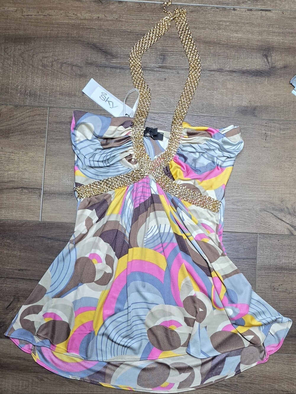Sky Multicolor Halter Y2k Top with Gold Chain Accents NWT